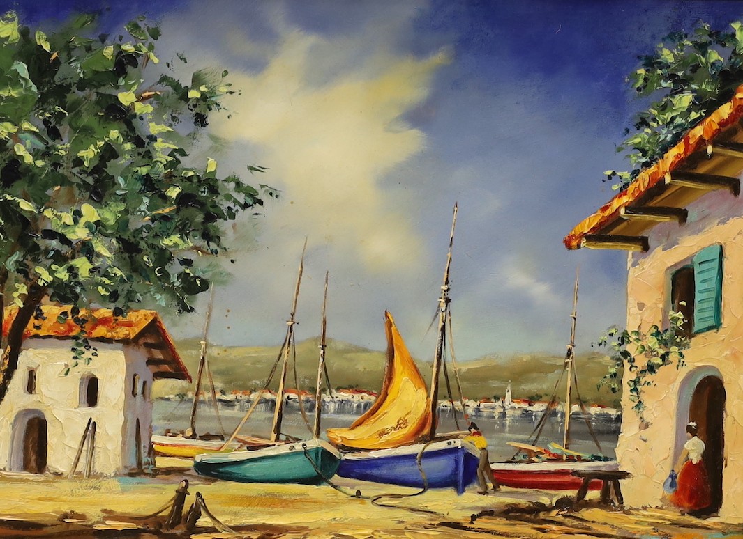 Gudrun Sibbons (b.1925), oil on board, Mediterranean harbour scene, signed, 30 x 40 cm